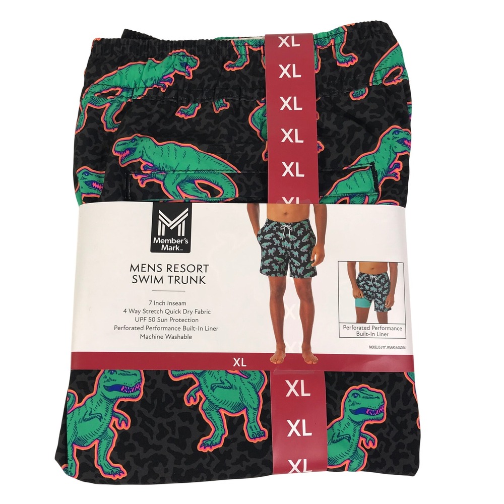 Member's Mark Swim‎ Trunk Men's XL 40/42 Dinosaur Fun Bright 4-Way Stretch Liner